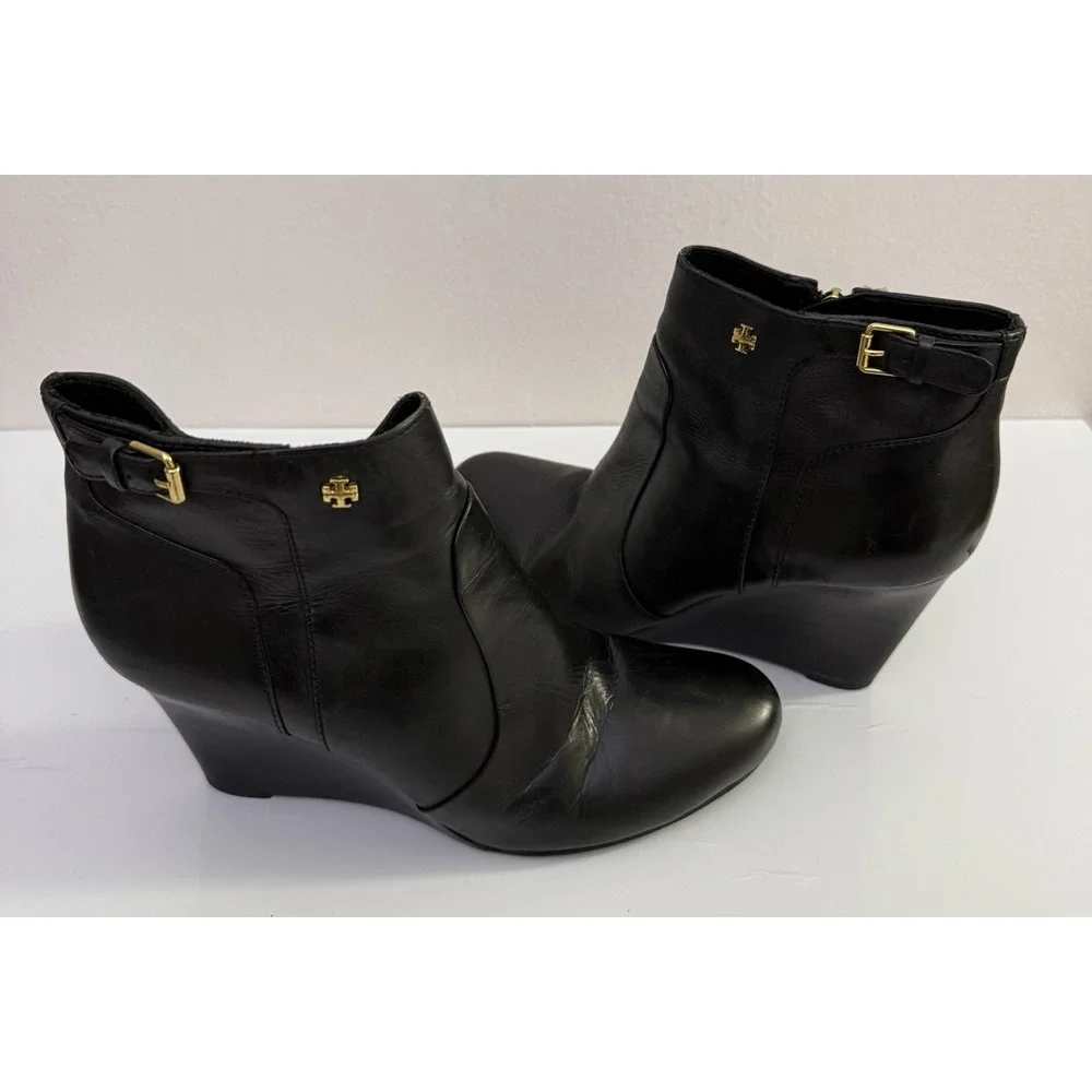 TORY BURCH Milan Wedge Bootie Black‎ Leather Size 11